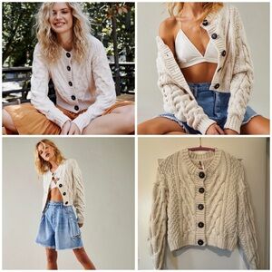 FREE PEOPLE Cream Cable Knit a bonfire Cardigan Fisherman Sweater Cropped